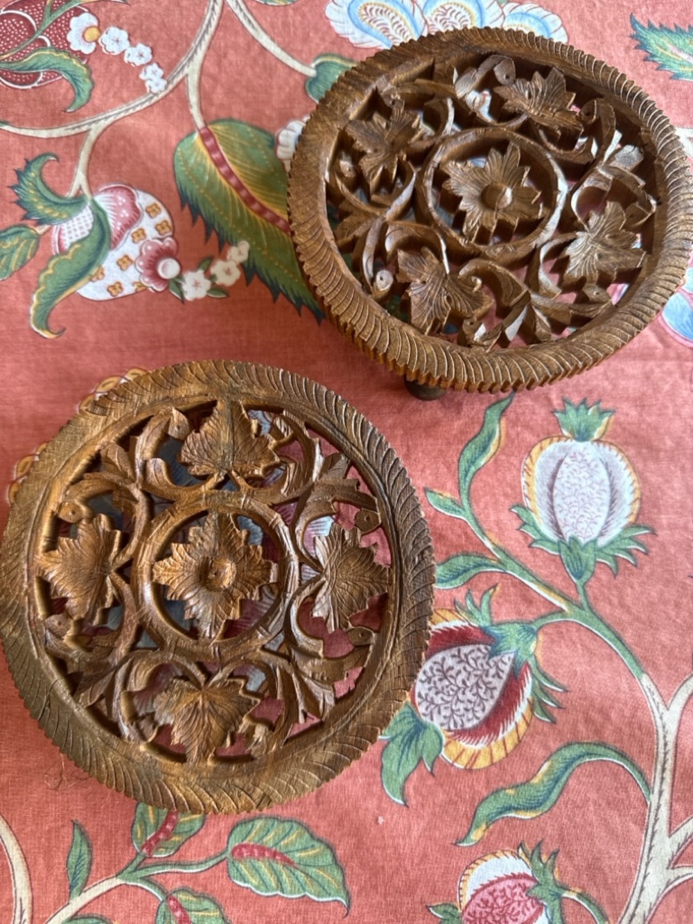 Vintage Hand Carved Wood Trivet Set India Floral Pierced 5” Boho Decor
